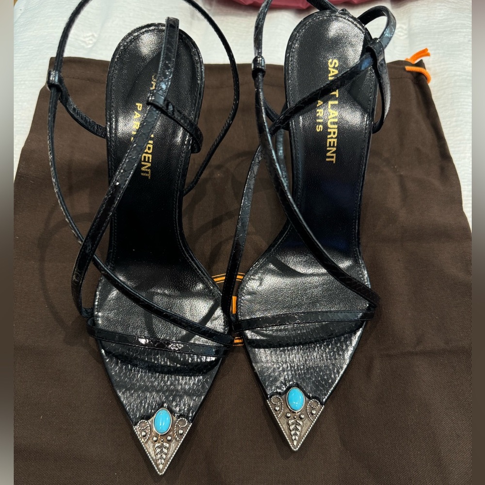 Yves Saint Laurent Blue and silver crystal heels in black
